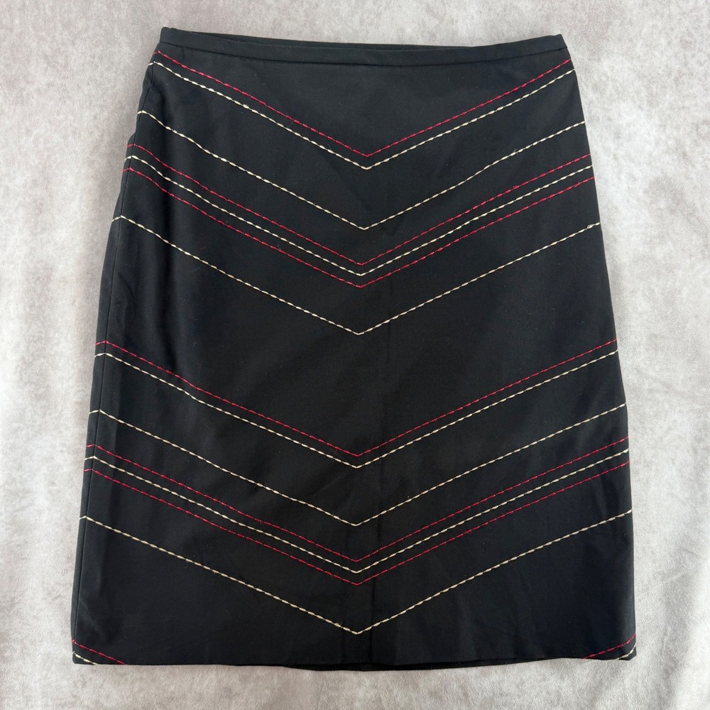 Ann Taylor Womens Black Chevron Embroidered Pencil Skirt Red White Stitch Size 8